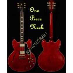 One Piece Neck Wine Red 335 Semi Hollow Electric Guitar 1 PCS Neck No Scarf Joint, Gold Humbucker PU, White Tuilp Tuners, Black Pickguard