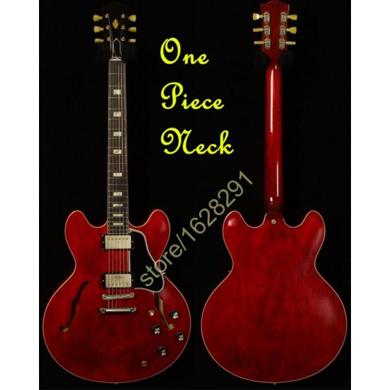 One Piece Neck Wine Red 335 Semi Hollow Electric Guitar 1 PCS Neck No Scarf Joint, Gold Humbucker PU, White Tuilp Tuners, Black Pickguard