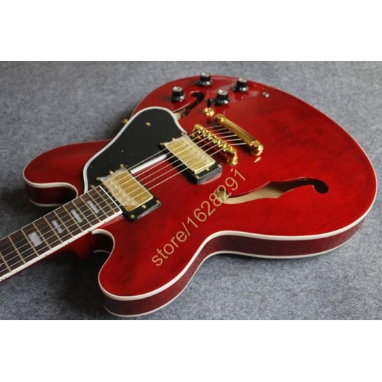 One Piece Neck Wine Red 335 Semi Hollow Electric Guitar 1 PCS Neck No Scarf Joint, Gold Humbucker PU, White Tuilp Tuners, Black Pickguard