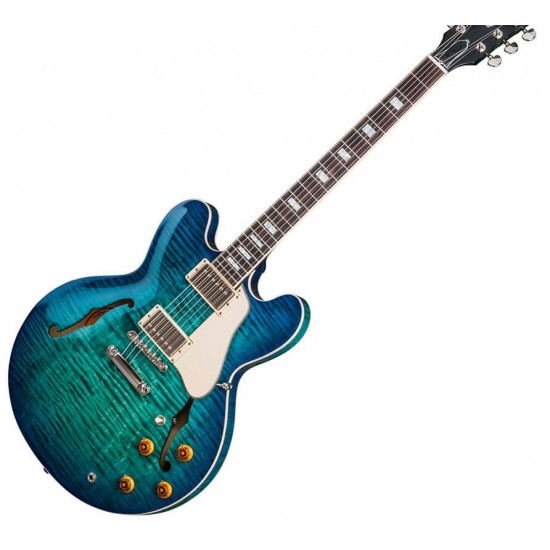 Memphis 335 Semi Hollow Figured Aquamarine Green Jazz Electric Guitar Flame Maple Top & Side & Back, Little Pin Tone Pro Bridge, Block Inlay