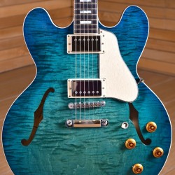 Memphis 335 Semi Hollow Figured Aquamarine Green Jazz Electric Guitar Flame Maple Top & Side & Back, Little Pin Tone Pro Bridge, Block Inlay