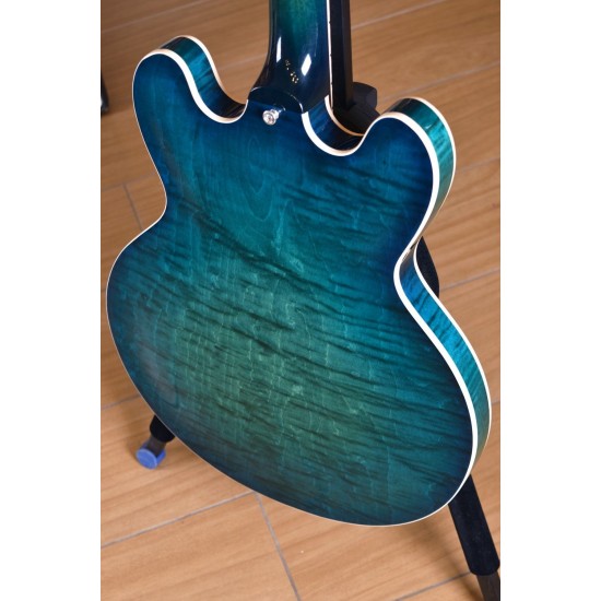 Memphis 335 Semi Hollow Figured Aquamarine Green Jazz Electric Guitar Flame Maple Top & Side & Back, Little Pin Tone Pro Bridge, Block Inlay