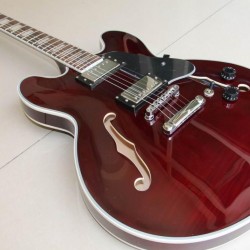 Custom Shop Wine Red 335 Semi Hollow Flame Maple Top Jazz Electric Guitar Chrome Hardware, White MOP Block inlay, Grover Tuners