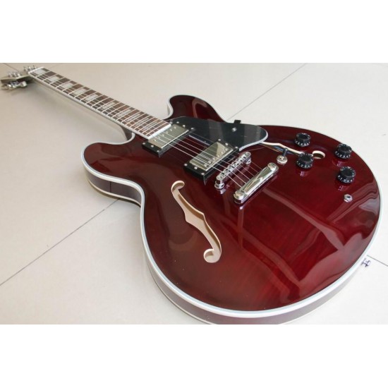 Custom Shop Wine Red 335 Semi Hollow Flame Maple Top Jazz Electric Guitar Chrome Hardware, White MOP Block inlay, Grover Tuners