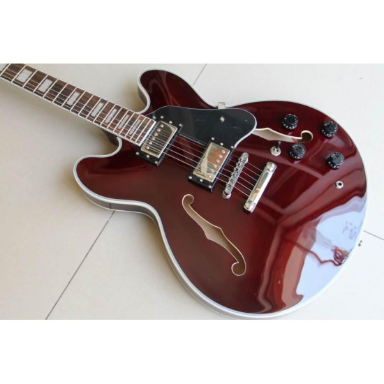 Custom Shop Wine Red 335 Semi Hollow Flame Maple Top Jazz Electric Guitar Chrome Hardware, White MOP Block inlay, Grover Tuners