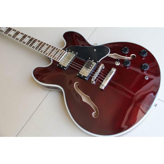 Custom Shop Wine Red 335 Semi Hollow Flame Maple Top Jazz Electric Guitar Chrome Hardware, White MOP Block inlay, Grover Tuners