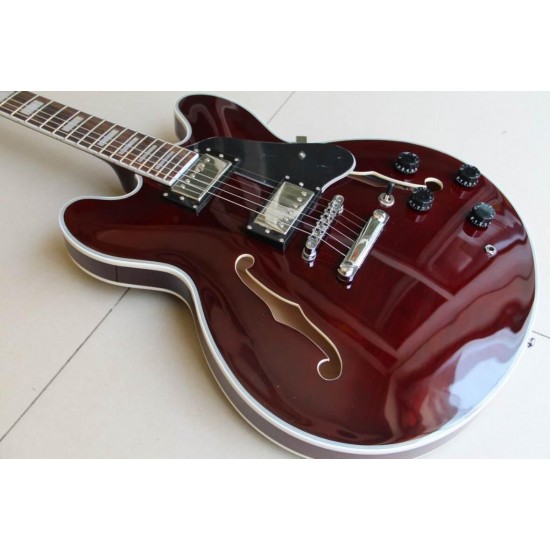 Custom Shop Wine Red 335 Semi Hollow Flame Maple Top Jazz Electric Guitar Chrome Hardware, White MOP Block inlay, Grover Tuners