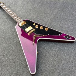 Purple Flame Maple Top Flying V Electric Guitar String Thru Body Bridge Black Pickguard Gold Hardware White MOP Block Inlay