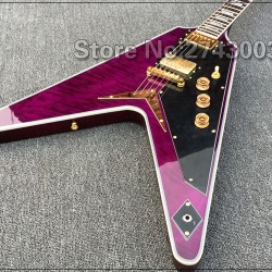 Purple Flame Maple Top Flying V Electric Guitar String Thru Body Bridge Black Pickguard Gold Hardware White MOP Block Inlay