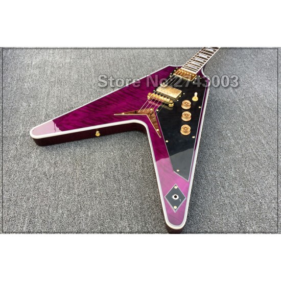 Purple Flame Maple Top Flying V Electric Guitar String Thru Body Bridge Black Pickguard Gold Hardware White MOP Block Inlay